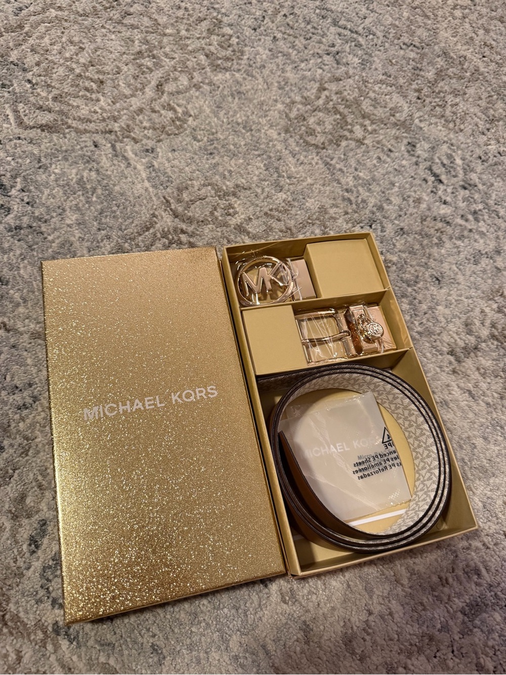 NWT & Box!! Michael Kors Brown and Gold Reversible Logo Belt Set
